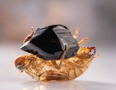 Black Obsidian Stone on Cicada Shell Translucent Amber Summer Insect Macro