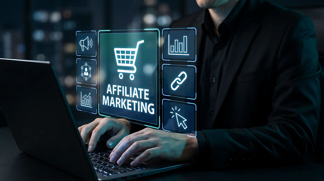 Affiliate marketing businessman working on laptop computer online business concept