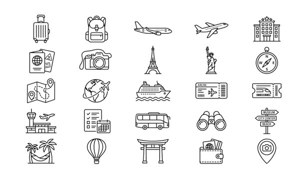 Tourism travel luggage hotel and landmark black line icon set vector illustration
