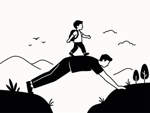 Minimalist Father Bridge Metaphor Vector Illustration Showing Father Supporting Son Across a Gap for Parenting and Guidance