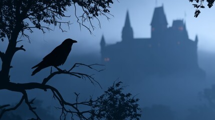Obraz premium Silhouette of a crow on a branch with a castle in fog