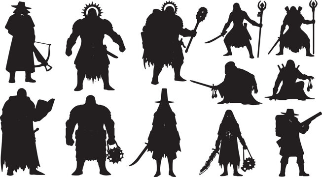 Collection of black silhouettes featuring various fantasy RPG characters including armored warriors, mages with staffs, hunters with crossbows, and hooded rogues on white background.
