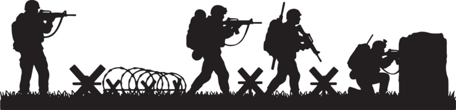 Black silhouette illustration of a squad of soldiers in tactical gear advancing across a battlefield with barbed wire and anti-tank obstacles, isolated on white background.
