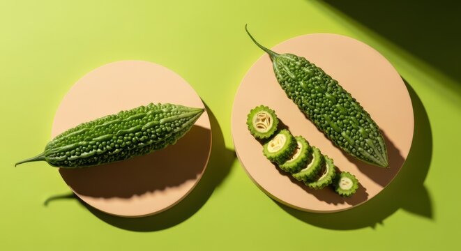 Fresh bitter melon on round pedestals against a green background
