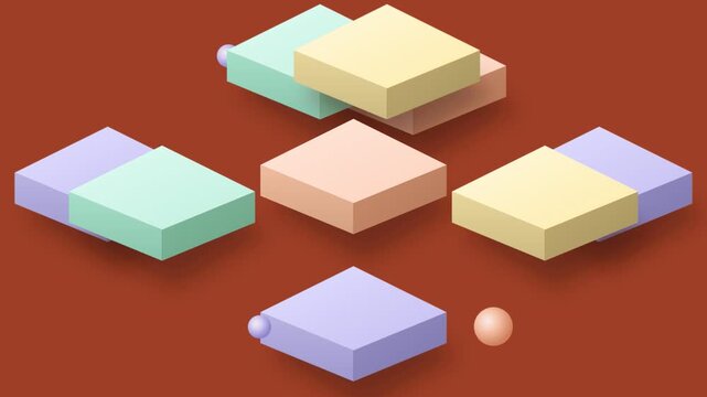 3D isometric animation of pastel square blocks and bouncing spheres on orange background