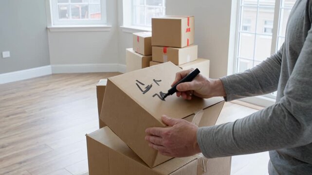 A man labels a cardboard box with a black marker while packing for a move into a new house.