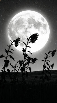 Sunflower ひまわり 287 Monochrome Starry Night Sky and Full Moon with Silhouette of Sunflowers（星空と満月に浮かぶひまわりのモノクロシルエット）