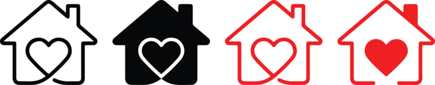 Set of house icons with heart symbols