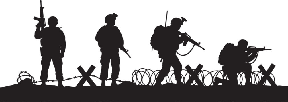 Silhouette of four soldiers in military gear with rifles and equipment standing near barbed wire and tank traps on a white background for battle and war themes.