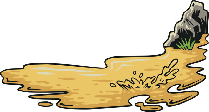 Colorful cartoon line illustration of a sandy beach patch with rock, grass and shoreline texture, shown as a clean isolated coastal landscape element
