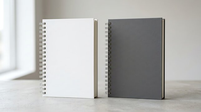 Realistic notebook. mockup of spiral journal. Hardcover notepad with coil. template of black and white stationery diary. Reusable book for writing. Blank mock for branding. Notepad for sketch