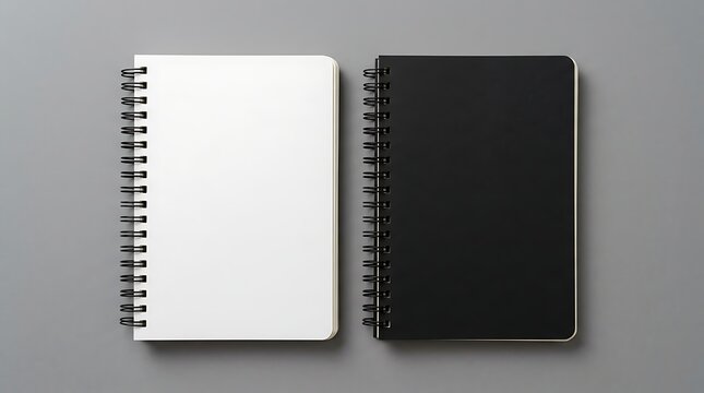 Realistic notebook. mockup of spiral journal. Hardcover notepad with coil. template of black and white stationery diary. Reusable book for writing. Blank mock for branding. Notepad for sketch