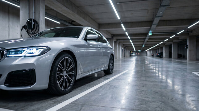 Modern luxury silver car parked in a dimly lit underground parking facility with an electric vehicle charging station mounted on a concrete pillar showcasing an elegant contemporary automotive design.