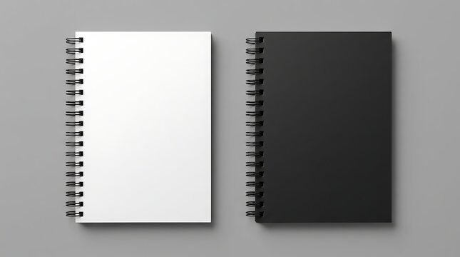 Realistic notebook. mockup of spiral journal. Hardcover notepad with coil. template of black and white stationery diary. Reusable book for writing. Blank mock for branding. Notepad for sketch