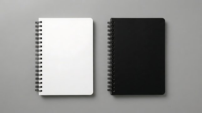 Realistic notebook. mockup of spiral journal. Hardcover notepad with coil. template of black and white stationery diary. Reusable book for writing. Blank mock for branding. Notepad for sketch