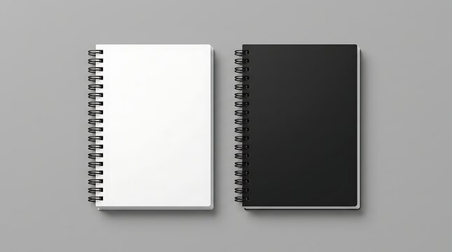 Realistic notebook. mockup of spiral journal. Hardcover notepad with coil. template of black and white stationery diary. Reusable book for writing. Blank mock for branding. Notepad for sketch