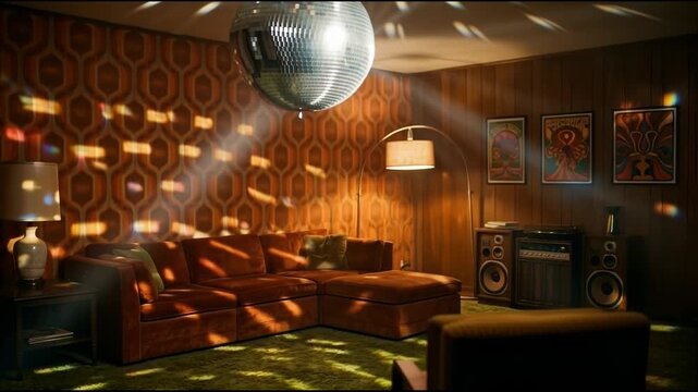 Retro living room interior design with disco ball and warm lighting
