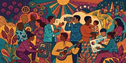 A Colorful Tapestry of Community Life: An vibrant illustration depicting a diverse community engaged in various activities, from music and art to learning and family bonding. © MstSodia