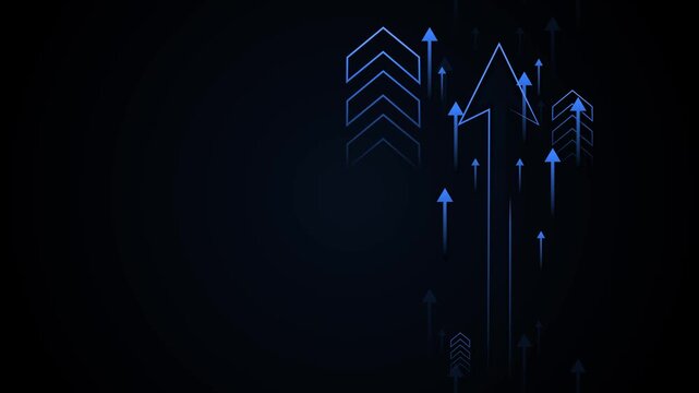 Dark background with neon upward arrows forming a dynamic growth concept animation