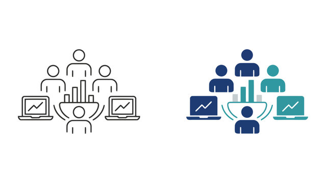 Data analytics team meeting icon set with people surrounding laptop screens and bar charts representing collaborative business growth analysis in outline and flat teal color styles