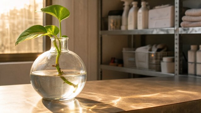 Glass carboy with pothos cutting, water propagation and home cleaning service concept.