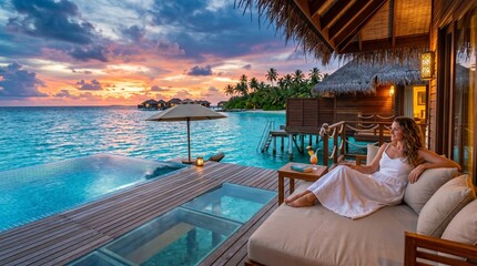 Fototapeta premium Luxury tropical overwater bungalow at sunset with a woman enjoying the ocean view.