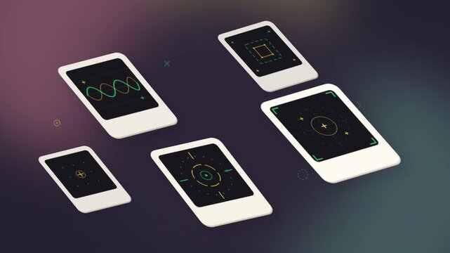 3D isometric animation of multiple digital screens displaying futuristic data visualizations and wave patterns on a dark gradient background