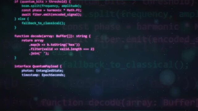 Digital screen displaying scrolling computer code with glowing particles and futuristic data processing effects