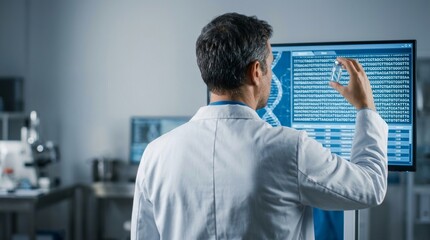 Fototapeta premium Scientist Analyzing DNA Data on Monitor in Modern Laboratory Environment