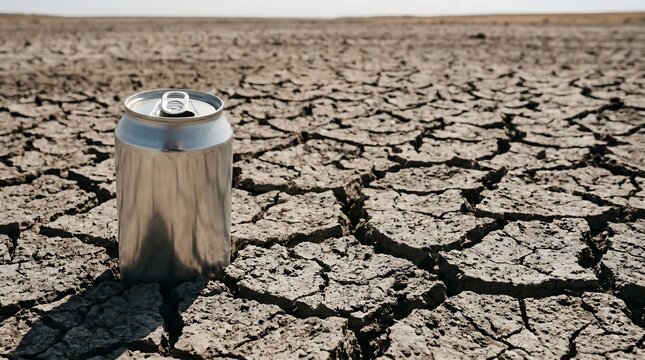 Blank aluminum can half-buried in severely cracked dry earth, permanence of waste versus dying soil environmental pollution social issue concept art horizontal with copy space