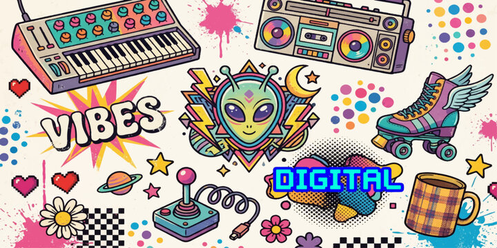 Retro Vibes Collage: A vibrant and colorful collage celebrating the retro aesthetic, featuring classic 80s and 90s elements like synthesizers, boomboxes, roller skates, aliens, and arcade games.
