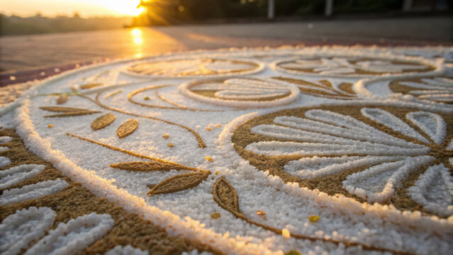 Indian street rituals feature intricate floral patterns made from colored powders on ground glowing warmly in sunset light