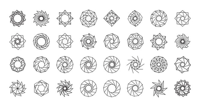 Large collection of thirty-two minimalist black outline geometric icons featuring various camera shutter aperture designs, iris diaphragms, and complex line art polygon shapes on white.
