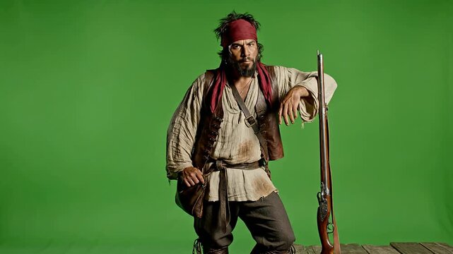 Male Pirate Character Posing with Rifle on Green Screen Background for Compositing and Creative Uses