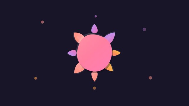 Abstract pink sun animation with rotating colorful petals and particles on a dark background