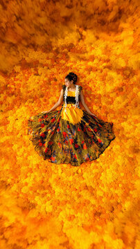 Aerial View of Mexican Folkloric Dancer Spinning Yellow Floral Skirt Over Marigold Flower Field