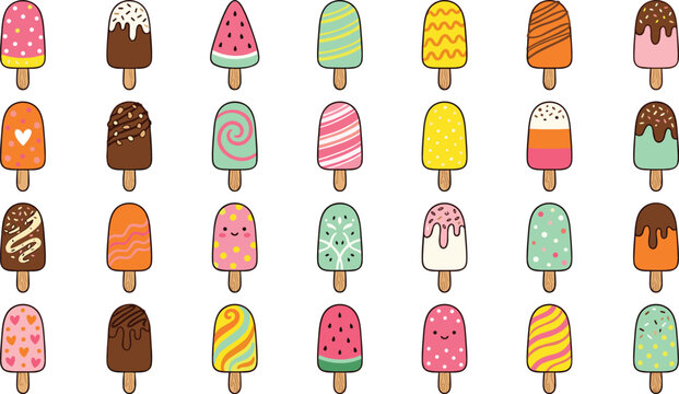 Cute cartoon popsicle vector set featuring colorful summer ice cream treats, frozen dessert icons with sprinkles and patterns for sticker designs.