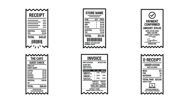 Collection Of Various Receipts And Invoices Flat Vector Illustration