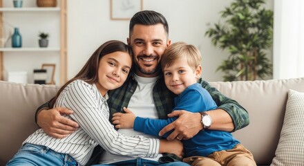 Obraz premium Joyful family holiday moments father and children embracing on a comfortable sofa at home