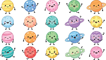 Cute cartoon planet character vector set featuring colorful galaxy space emoticons, funny solar system mascots for astronomy stickers, nursery prints, and kids birthday designs. © Kuddus