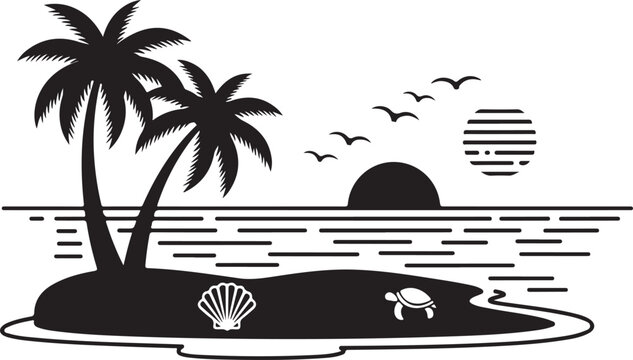 Tropical beach scene with palm tree and seashells on sandy shore