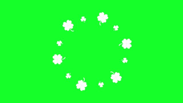 Rotating green clover leaves frame animation on chroma key green screen background, 4k loopable motion graphic border for Irish or luck concept.