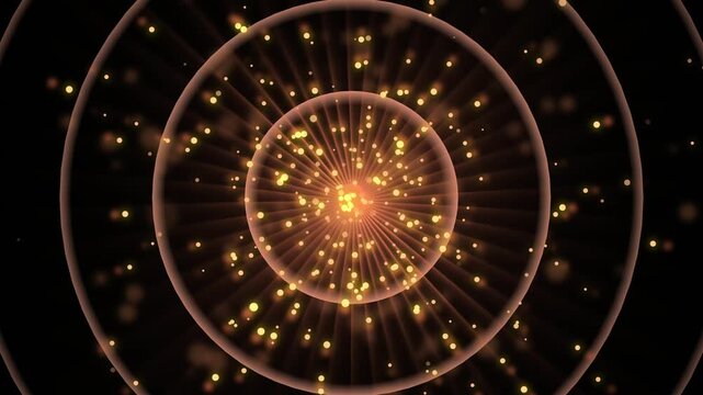 Abstract glowing concentric rings with radiant particles and central luminous core background animation