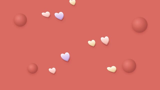Minimalist 3D pastel hearts and spheres rotating on coral background for Valentine or wedding.