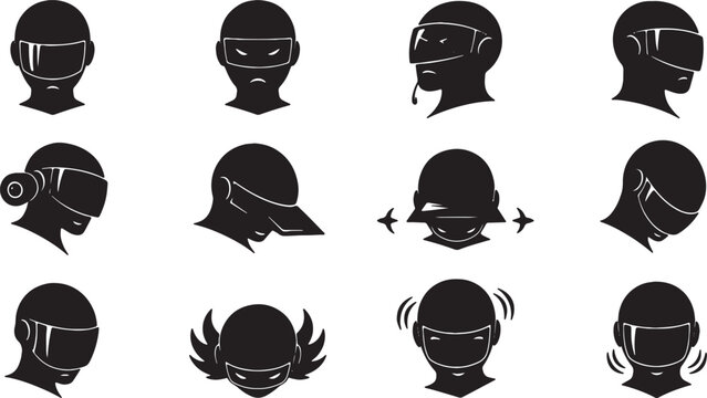 Collection of black silhouette vector illustrations featuring human heads wearing futuristic visors, virtual reality goggles, and tactical eyewear in a minimalist graphic style.