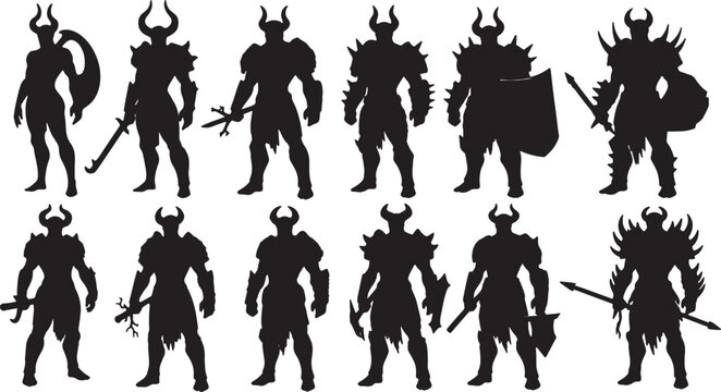 Collection of twelve black silhouettes of fantasy armored warriors and demonic knights featuring horned helmets, heavy plate armor, swords, shields, and spears on a white background.