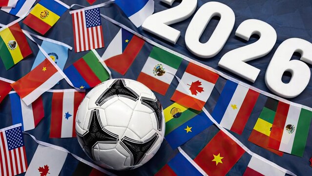 Soccer world cup 2026 celebration global flags sports event vibrant atmosphere artistic perspective