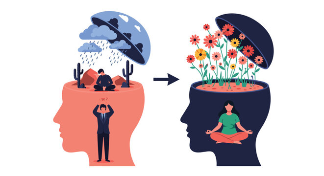 Visual transformation from depression to happiness shows a stormy desert head profile changing into a garden filled with flowers and peace.