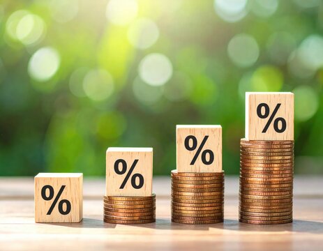 Increasing Stack of Coins with Percentage Symbols on Wooden Blocks.