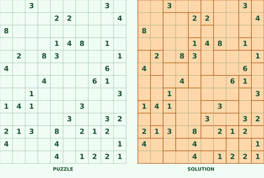 Shikaku logic puzzle series with numbered grids and rectangle division solutions. Clean vector illustration for brain teasers, printables, and activity books
